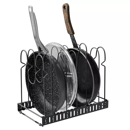Amig - Organizador para Sartenes - 6 Compartimentos Ajustables - Acero Negro - Almacenamiento de Cocina para Tapas de Ollas y Sartenes - Medidas: 20 x 24 x 30 cm