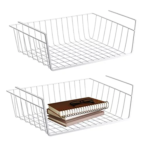 Juego de 2 cestas de almacenamiento colgantes de metal para cocina, oficina, despensa, cuarto de baño, armario (blanco)