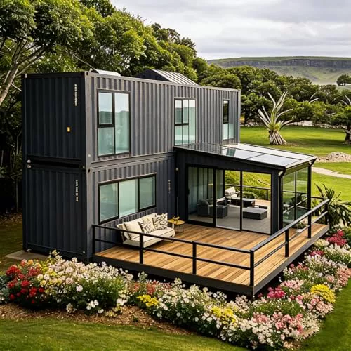 Pequeña casa expandible de dos pisos con cocina, baño y dormitorios