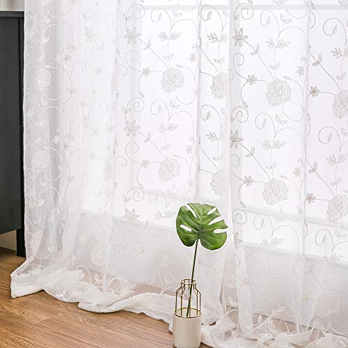 MIULEE 2 Unidades Cortina Visillo Flor Bordado Trans Ojales 140x225 Blanco