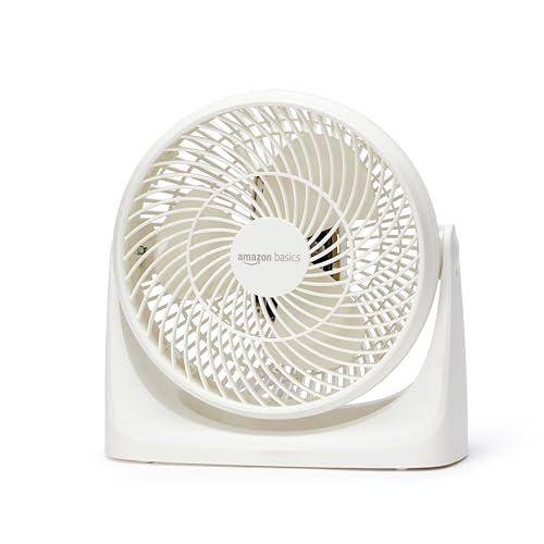 Amazon Basics Ventilador de escritorio portátil, funcionamiento silencioso, 18 cm, 3 velocidades, inclinación de 90° variable, Blanco, 15,49 x 27,3 x 27,69 cm