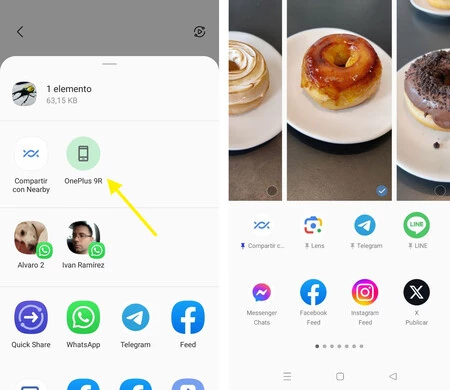 一部の Android レイヤーはダイレクト共有ショートカットをサポートしていないため (右の例)、この場合でもニアバイシェアを開く必要があります。