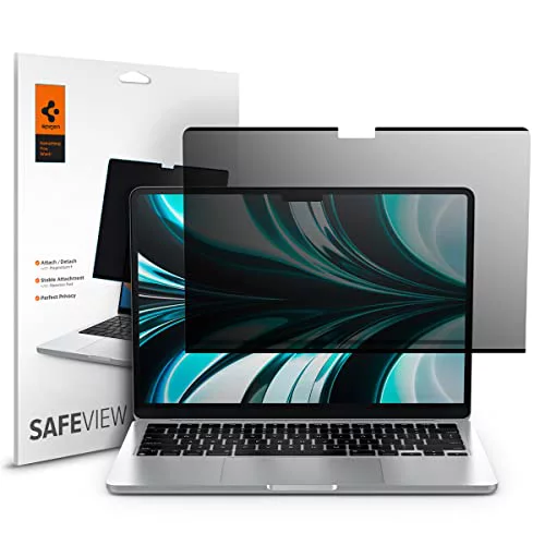 Spigen SafeView Protector Pantalla Filtro Privacidad para MacBook Air 13 Pulgadas (M5 2026 / M4 2025 / M3 2024 / M2 2022), 1 Unidad, Anti-Espía, Cobertura Completa, Con paño de limpieza y estuche