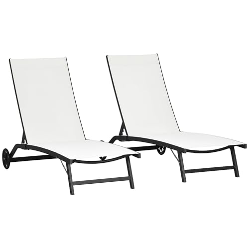 Outsunny Pack de 2 Tumbonas de Jardín Exterior Tumbonas Reclinables de Aluminio con Respaldo Ajustable de 5 Niveles y Ruedas para Playa Piscina 165x66x102 cm Blanco Mate