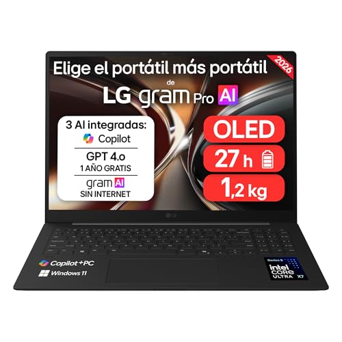 LG gram Pro 16Z90U-K.AUB5BN - Ordenador Portátil Ultraligero de 16" Intel Core Ultra X7 358H, 32 GB RAM, 512 GB SSD, ARC B390 Graphics, OLED Antirreflejo, 1199g, 27h, Windows 11, Teclado ES, Carbón