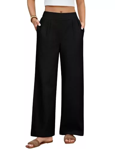 heekpek Pantalones Mujer Verano Algodon Pantalon Ancho Cintura Elastica Comodo Pantalón con Bolsillos, Negro, S