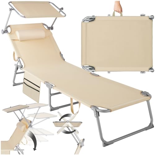tectake® Tumbona Jardín Exterior de Acero, Tumbona Plegable con Reposacabezas, Parasol y Bolsillo Lateral, Tumbona Playa Reclinable 6 Posiciones, para Piscina Resistente a Intemperie - Beige