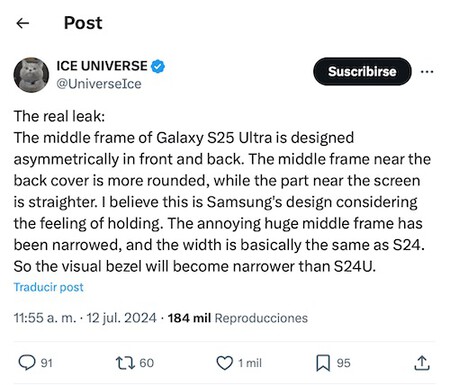 The real leak: The middle frame of Galaxy S25 Ultra is designed asymmetrically in front and back. The middle frame near the back cover is more rounded, while the part near the screen is straighter. I believe this is Samsung's design considering the feeling of holding. The annoying huge middle frame has been narrowed, and the width is basically the same as S24. So the visual bezel will become narrower than S24U.