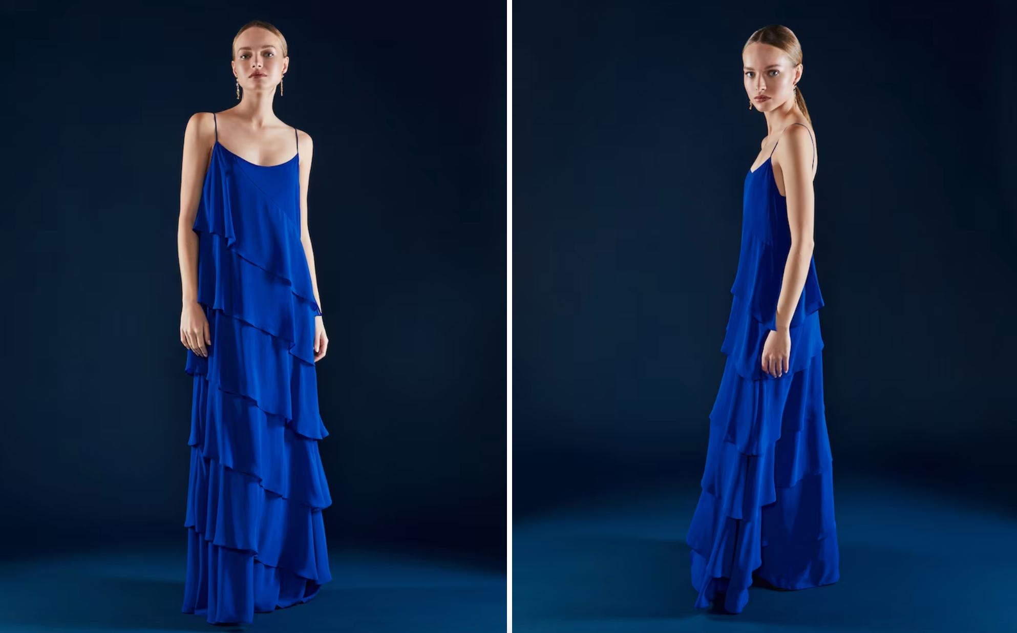 Vestido largo fluído con capas y tirantes.
