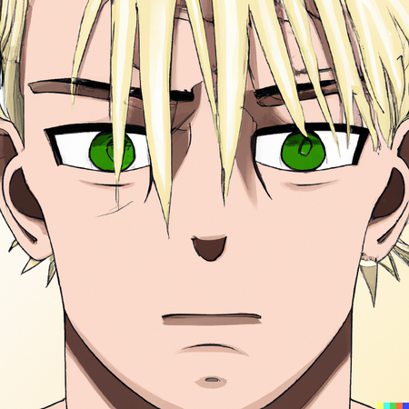 Dall E 2023 03 17 14 47 03 An Anime Character With Blond Hair Green Eyes In The Style Of Attack On Titan