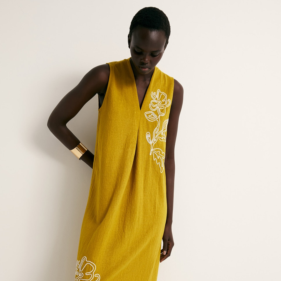 Vestido lino bordado Verde Oliva Sfera