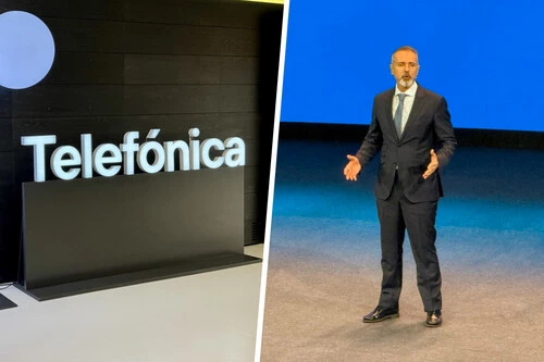 Composición con imagen del logo de Telefónica y foto de Marc Murtra