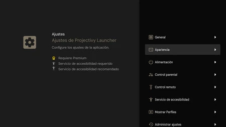 Opciones de personalización en Projectivy launcher