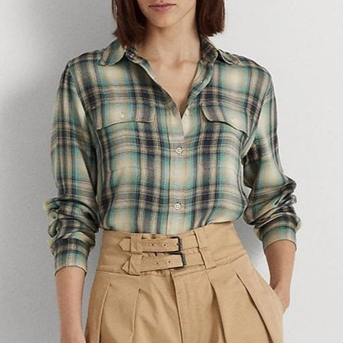 Lauren Ralph Lauren Camisa de mujer de sarga de cuadros extragrande