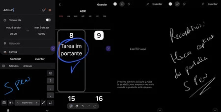 左: カレンダー アプリで S ペンを使用。右: 画面をオフにして簡単なメモを書いています。