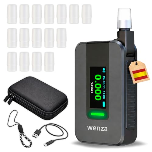 WENZA Alcoholimetro Homologado España con 16 Boquillas - Sensor Electroquímico de Alta Precisión con Pantalla LDC en Español- Etilometro Digital Recargable - Test alcoholemia Portátil