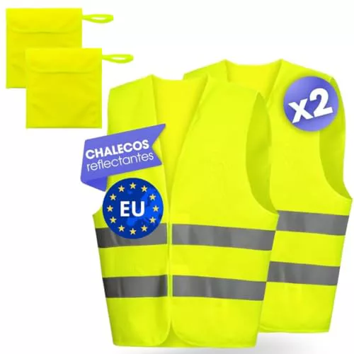 Pack de 2 Chalecos Reflectantes Homologados + 2 Bolsas | Talla Única "L" | Chaleco Coche y Moto Homologado DGT | Chaleco Reflectante Homologado | Chalecos Reflectantes Seguridad | Chaleco de Trabajo
