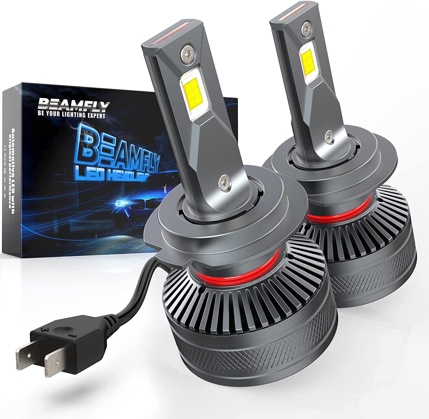 Bombillas H7 LED 18000LM, BEAMFLY Lampara Faros Delanteros Coche 12V 110W 6000K Luces Blancas