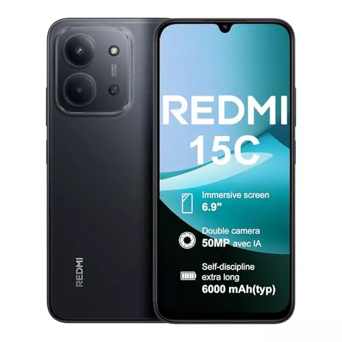XIAOMI Redmi 15C Smartphone 4+128GB Pantalla de 6.9" 120Hz cámara IA de 50MP batería de 6000mAh Carga rápida de 33W procesador Octa-Core (Negro, 128, GB)