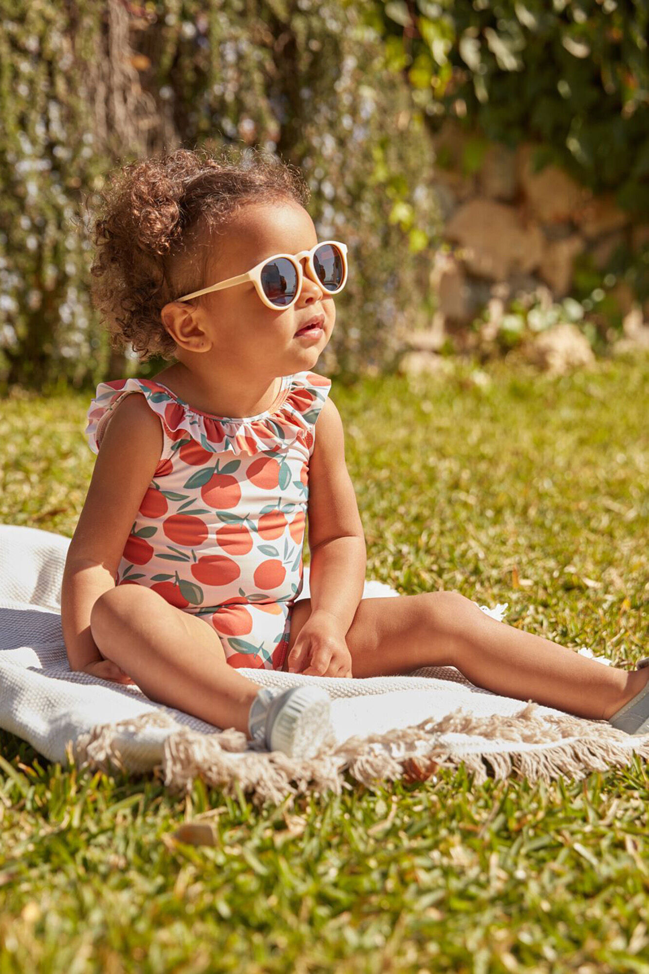 Bañador con volante y estampado de naranjas
