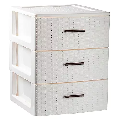 Tradineur - Cajonera de ordenación Rin Rattan de plástico - 3 cajones - Torre de almacenaje multiusos, organizador auxiliar, almacenamiento, baño - 46,5 x 36,5 x 36,5 cm - Color Blanco Roto