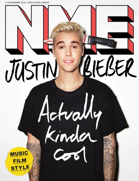 Justin Bieber con un cuchillo atravesándole el cráneo en la portada de la revista NME