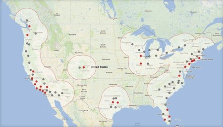 Mapa de la Red de Supercargadores de Tesla (Otoño 2013)