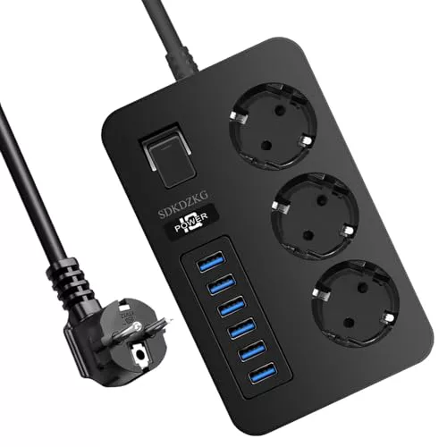 SDKDZKG - Regleta de 3 enchufes (13 A/3000 W) con Interruptor Individual, 6 Puertos de Carga USB (3,1 A/5 V, 1,8 m, Adaptador de Corriente para Cables, aplicable a oficinas y Viajes en casa (Negro)