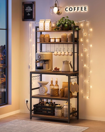 VASAGLE Estantería para Panadería con Toma de Corriente, Soporte de Microondas, Estantería de Cocina, Alambre de Metal, 14 Ganchos, 40 x 80 x 170 cm, Marrón...