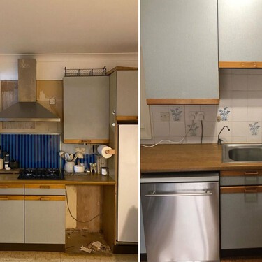 Era una cocina viejuna y destartalada, ahora es una cocina luminosa y moderna con un presupuesto limitado