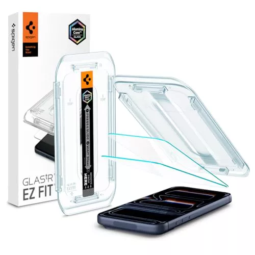 Spigen Glas.tR EZ Fit Protector Pantalla para iPhone 17, iPhone 17 Pro, iPhone 16 Pro, 2 Unidades, Instalación Fácil, Alta Definicion, Dureza 9H
