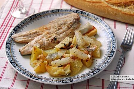 Lubina asada con hortalizas "de raíz" a la sidra. Receta