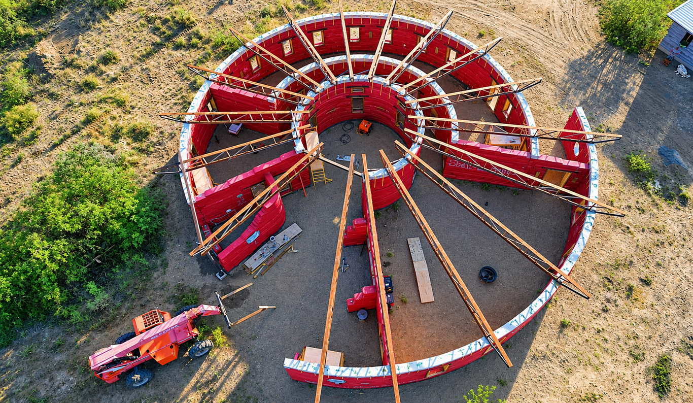 Casa circular de tierra en construcción en el desierto de Arizona con sacos de malla llenos de tierra compactada.