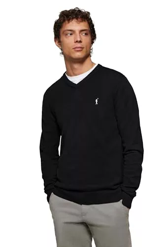 Polo Club Jersey Básico de Cuello Pico Negro para Hombre - Suéter Manga Larga 100% Algodón con Logo Bordado