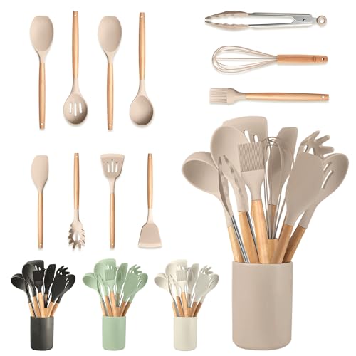 JUPPLIES 12 Piezas Juego de Utensilios de Cocina de Silicona con Mangos de Madera 