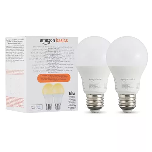 Amazon Basics Bombilla led inteligente regulable, casquillo E27, blanco suave, 8W (60W Equivalent), funciona solo con Alexa, 2 paquete
