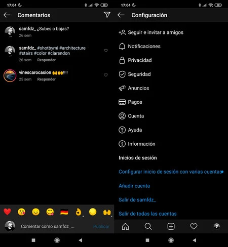 Android 版 Instagram のダークモードでのコメントと設定