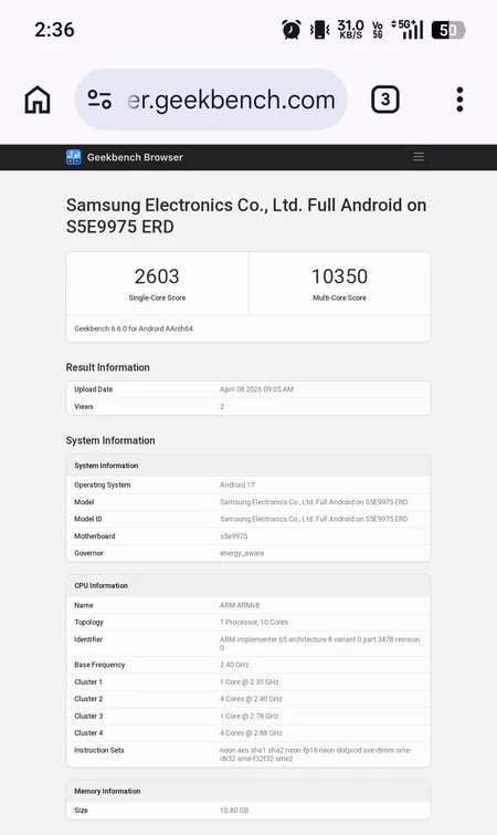 Geekbench del Exynos 2700