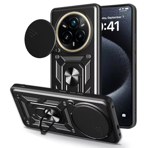 Loyhee Funda para Realme 14 Pro Plus/Pro+ 5G (6.83"), Protección de la Cámara Carcasa con Cubierta de Cámara Deslizante y Soporte de Anill PC Dura y TPU Silicone Anti-Choque Case – Negro