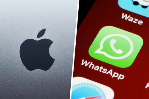 Composición con imagen del logo de Apple y foto del icono de WhatsApp