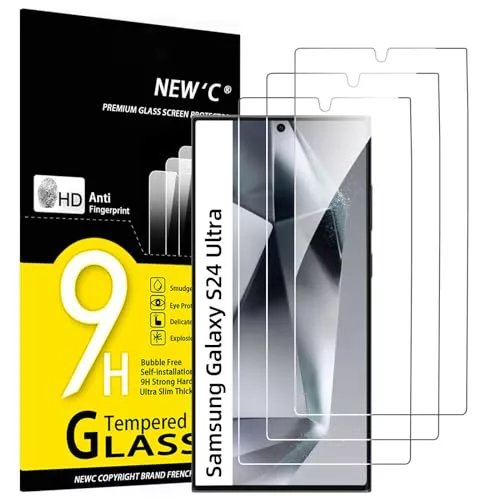 NEW'C 3 Piezas, Protector Pantalla para Samsung Galaxy S24 Ultra[no para S24/S24 Plus],Cristal templado Antiarañazos, Antihuellas, Sin Burbujas, Dureza 9H, 0.33 mm Ultra Transparente, Ultra Resistente
