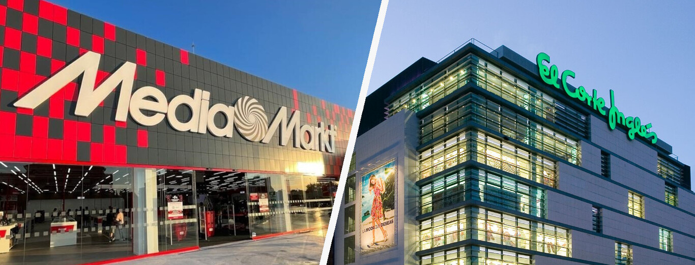 MediaMarkt and El Corte Inglés stores illuminated exterior at dusk