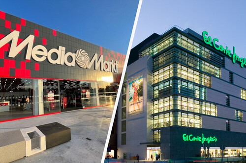 MediaMarkt and El Corte Inglés stores exterior at night