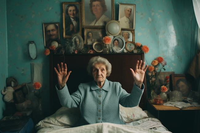 Mujer mayor con manos levantadas, tumbada en la cama.