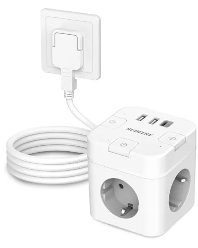 SUDEERY Enchufe 6 en 1 cubo con USB C,regleta de 3 enchufes, plano