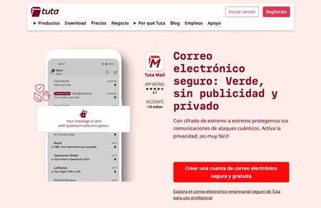 Captura de pantalla de la web de Tuta
