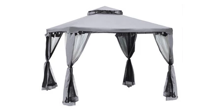 Pérgola de aluminio con 4 paredes laterales 300x300cm resistente al clima metal y poliéster gris claro para jardín y eventos