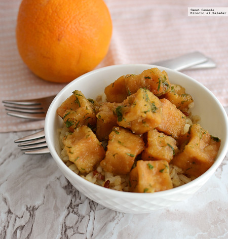 Tofu crujiente de naranja. Receta vegana