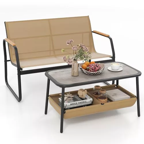 COSTWAY Conjunto Jardin Exterior de 2 Piezas, Banco Mecedora de 2 Plazas, Mesa de Café con 2 Compartimentos de Almacenaje, Mesa y Silla Terraza, Muebles Jardin Terraza Balcon Exterior