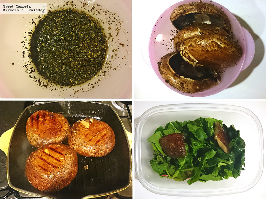 Ensalada de espinacas con hongos portobello al grill. Receta